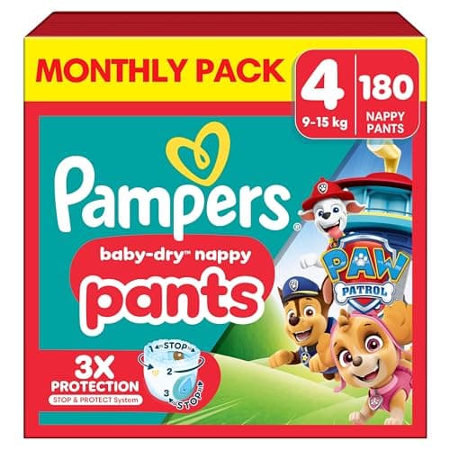 Image of Pampers Baby-Dry Nappy Pants Paw Patrol Edition Size 4, 180 Nappies, 9kg-15kg, Monthly Pack, with Our 360° Pants Fit to Help Prevent Leaks