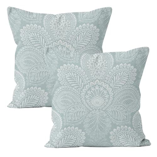 Image of Set of 2 Duck Egg Blue Cushion - boho cushion Covers 45 X 45, teal cushions Covers, light blue cushions Covers, Light Blue Linen Boho Throw Pillows Covers with Abstract Floral for Bed Sofa Car