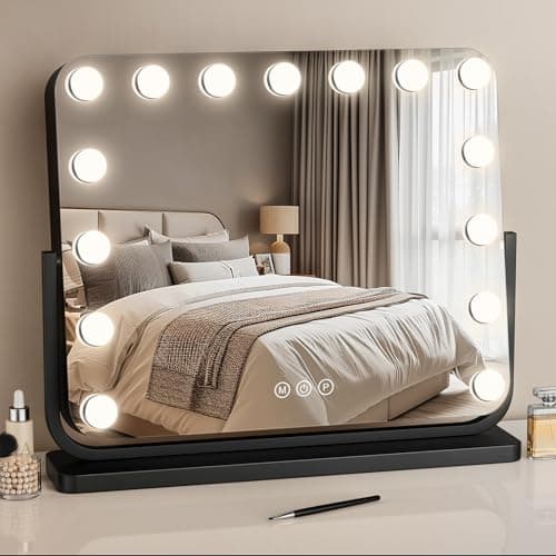 Image of TinyLiving Hollywood Vanity Mirror, 50x42cm Large Makeup Mirror with Lights, 360° Rotation, 15 Dimmable Bulbs - 3 Color Modes, Touch Control, Swivel Tabletop Mirror for Bedroom, Dressing Room