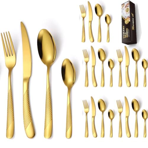 Image of Gold Cutlery Set, Home Safety 24-Piece Stainless Steel Tableware Set, Dinner Flatware Set Service for 6, Includes Knives, Forks, Spoons, Dishwasher Safe, with Premium Box (Star Pattern)