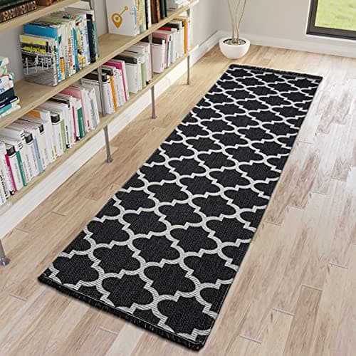 Image of Viva Rugs Runner Rug Black 300cm Long Cotton Runner Flat Weave Washable Moroccan Trellis Handwoven Tassels Hallway Mat (Black, 75x300cm (2'5"x9'8"))