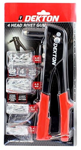 Image of Dekton 4 Head Rivet Gun- Heavy Duty Steel With With Chrome Plated Jaws| Ergonomically Designed Spring Loaded Handle For Comfort, ease| Fitment Spanner Stored In The Handle| 4 Head Sizes With 60 Rivets