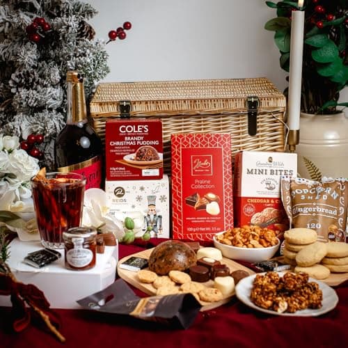 Image of Luxury Christmas Hamper In Wicker Effect Box - Premium Alcohol Free Food Hamper - For Couples, Friends & Families - Mulled Wine Punch, Christmas Pudding, Indulgent Pralines, Festive Gourmet Treats