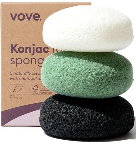 Image of Vove Organic Konjac Facial Sponges, Pack of 3 - Exfoliating Face Sponges with Bamboo Charcoal & Green Clay, Gentle for All Skin Types, Natural Vegan Skincare, Certified Organic