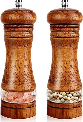 Image of Salt and Pepper Grinder Set, Wooden Salt and Pepper Mill with Adjustable Coarseness Ceramic Core, Manual Salt Grinders with Acrylic Window (6.5 Inch), Refillable Spice Shaker for Sea Salt/Chili/Sesame