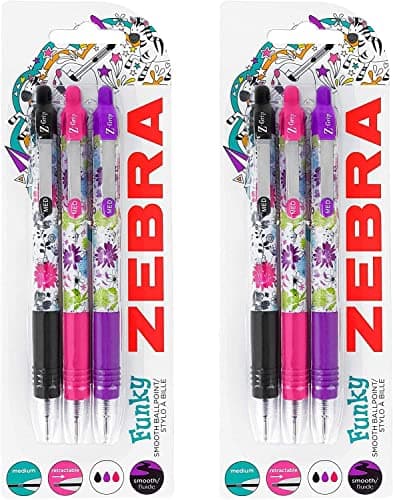 Image of Zebra Z-Grip Funky Brights - Floral Pattern Retractable Black Ballpoint Pen - Assorted 6 Pack