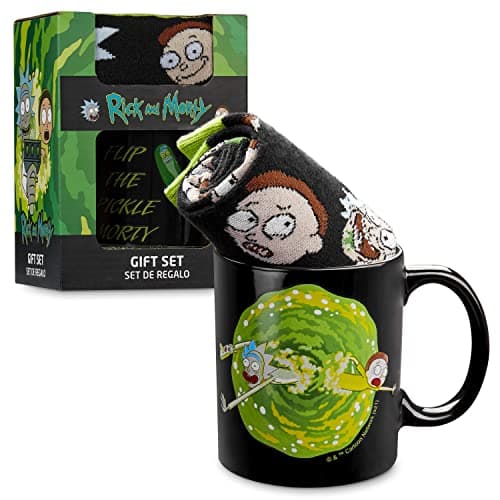 Image of RICK AND MORTY Mug & Socks Gift Set for Men & Teens, Ceramic Tea Coffee Cup & Casual Sports Calf Length Socks UK Size 6.5-10.5, Gifts for Him