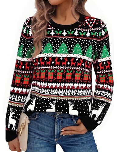 Image of Jezonga Women's Jumpers Christmas Sweater Xmas Pullover Ladies Ugly Knitted Long Sleeve Tops Sweatshirts Reindeer Snowflakes B-Black XXL
