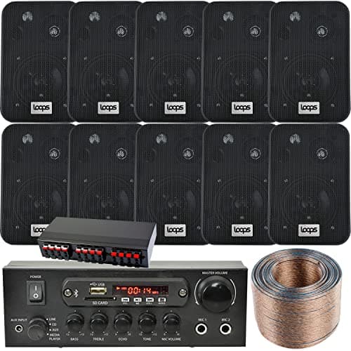 Image of Loops 5 ZONE BLUETOOTH SPEAKER KIT – 10x Wall Mounted Black Speakers, 110W Mini Stereo Smart Home Amplifier, Splitter & Cable – Wireless HiFi Audio Music Sound System – Restaurant Bar Home