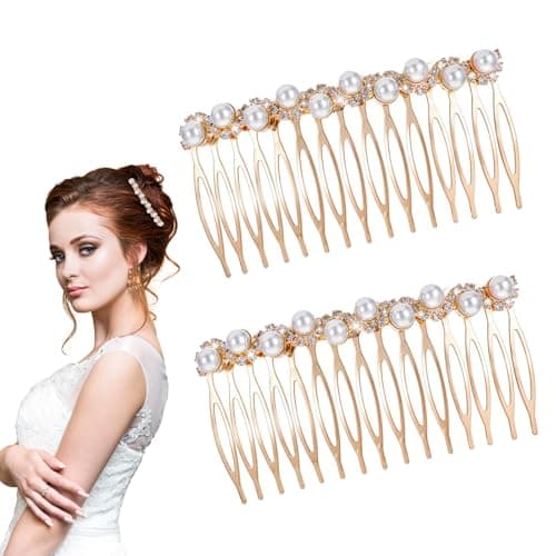 Image of 2 Pcs French Pearl Hair Comb Slides for Women, Decorative Gold Pearl Side Combs with Teeth Rhinestones, Vintage Rhinestone Crystal Side Combs Accessories for Girls Bridal Fine Hair