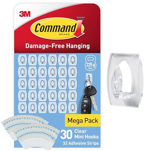 Image of Command Clear Mini Hooks with Clear Strips, Multi Pack of 30 Hooks, 32 Adhesive Strips - Indoor Use - Suitable for Hanging Items up to 225g - Damage Free Hanging