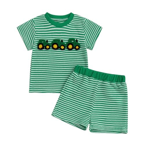 Image of XIXIMAON Baby Boy Summer 2pcs Waffle Knit Set Short Sleeve Crew Neck Tractor Embroidery Stripe Shirt Top Shorts Set Cute Infant Toddler Outfits (Green, 12-18 Months)