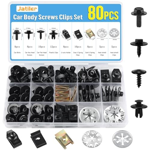 Image of JatilEr 80 Pcs Car Screw and Nut Clips Kit, Car Body Trim Clips Undertray Fender Screws, Metal U Type Fastener Clip with Heat Shield Clips, Plastic Rivets Bumper Clips for Undertray Fender Door Trim