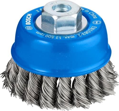 Image of Bosch 2608622063 Cup Brush Knotted Wire 75mm, 0 V, Black/Blue/Silver
