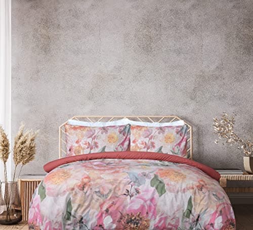 Image of Sleepdown 100% Pure Cotton Large Floral Multi Dark Rose Plain Reverse Duvet Cover Quilt Pillow Cases Bedding Set Soft Easy Care - King (230cm x 220cm)