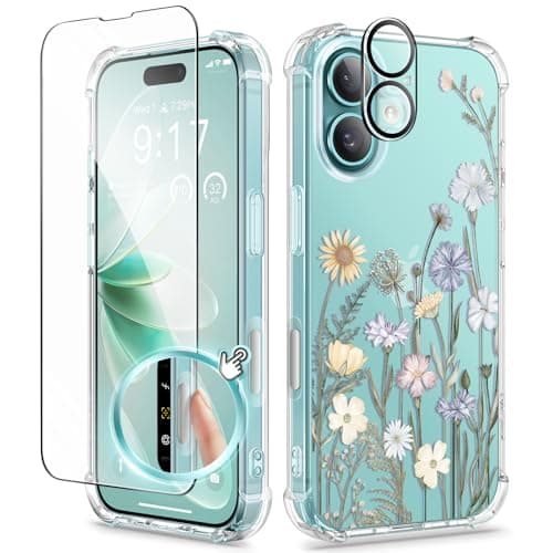 Image of GVIEWIN Compatible with iPhone 16 Case 6.1" 2024, with Screen Protector & Camera Lens Protector, Shockproof Drop Protection Anti-scratch Bumper Clear Floral Cover for Women, Vibrant Spring