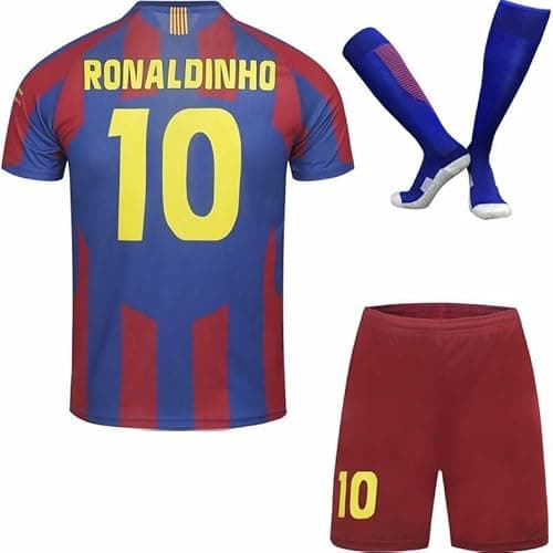 Image of Soft Gardin Kids Vintage 2005 Ronaldinho #10 Limited Editions Home Football Jersey Shorts Socks Gift Set Retro Youth Sizes (Blue/Red,Ronald,28)