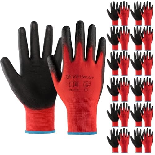 Image of Velway 12 Pairs Safety Work Gloves - Firm Grip Gardening Gloves Non-Slip PU Coated Lightweight Breathable Protective Mechanic Builders Working Gloves Men Women for General Duty Work Red (Size 10/XL)