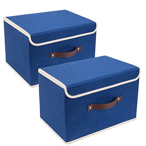 Image of TYEERS Collapsible Storage Box with Lid, Fabric Storage Box for Clothes, Wardrobe Storage, 38x25x25 cm, Set of 2, Classic Blue