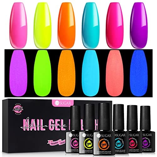 Image of UR SUGAR Glow in The Dark Gel Nail Polish Set, 6 Colours Halloween Neon Luminous Gel Polish Hot Pink Orange Yellow Purple Fluorescent Bright Colour Gel Nail Varnish Set Soak Off Kit