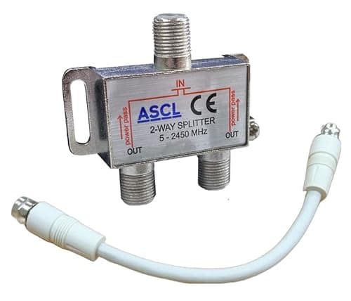 Image of ASCL 1 in 2 Output TV Aerial Coaxial Cable 2 Way Splitter with White F Plug Connector Patch Cable