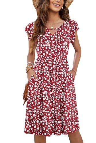 Image of PLOKNRD Women's Summer Dress V-Neck Ruffle Sleeve Ladies Dress Elastic Waist Loose Swing Casual Dress with Pockets Knee Length (Red Flowers,S)