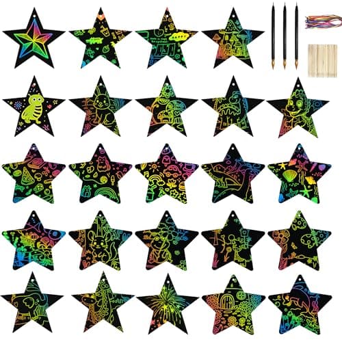 Image of 24PCS Scratch Art Kit, Rainbow Scratch Paper, DIY Scratch Art Set with Cards and Stylus, Party Bag Fillers and Party Favors for Classroom, Home, Travel, Creative Star Designs and Drawing Activities
