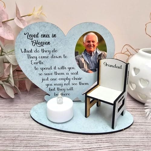 Image of When Robins Appear" Personalised Memorial Photo Heart on Stand with Miniature Chair – Custom Christmas Remembrance Keepsake, In Loving Memory of Lost Loved Ones (Blue.)