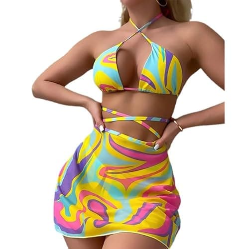 Image of BSLVWG Women 3 Piece Bikini Sets with Skirt Halter Bikini Top Sexy Triangle Bikini Bottoms Beach Swimsuit Swimwear Bathing Suits (UK, Alpha, XL, Plus, Regular, Yellow-02)