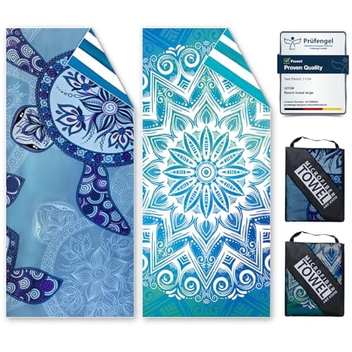 Image of Beach Towels For Adults - 2 Pack 200x90cm Lightweight microfibre beach towel with Mesh Bags, Double Sided Sand Free Absorbent Quick Dry Microfibre Towel for Pool, Gym, Camping & Travel（Turtle & Boho）