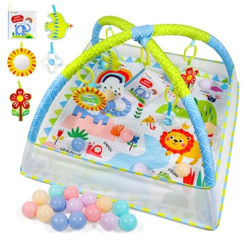 Image of Dr.Rapeti Baby Play Mat, Activity Baby Play Gym with Arch, Playmats & Floor Gyms, Detachable Mirror, Soft Book and Balls Toys, Thick Non Toxic Playmats