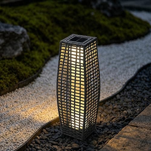 Image of Gr8 Garden Solar Rattan Garden Lantern, Grey Wicker Outdoor LED Light, Solar Powered Tall Patio Path Lamp, IP44 Waterproof, Auto On/Off, Warm White 25 LED Lights