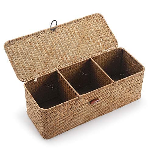 Image of Seagrass Tank Basket with Lid Woven Toilet Roll Storage Basket with Sections Rectangular for Organize Snack Toys (Large Compartment 42cm L x 14cm W x 14cm H) (Natural)