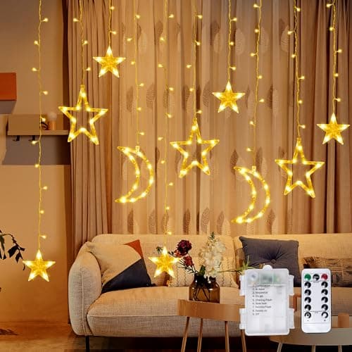 Image of Mexllex Star Curtain Fairy Lights, 3.5m LED Star Fairy Lights Indoor, Battery Operated Star & Moon Christmas Window Lights, Fairy String Light with 8 Modes & Timer for Wedding, Party, Terrace, Lawn
