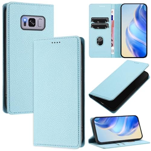 Image of DENDICO Case for Samsung Galaxy S8 RFID Blocking PU Leather with Magnetic Closure Stand Card Holder, Shockproof Protective Case for Samsung Galaxy S8, Blue