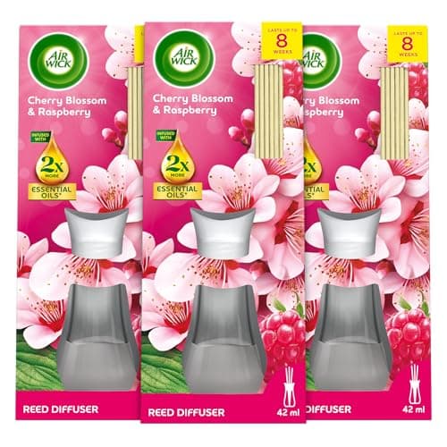 Image of Air Wick Cherry Blossom & Raspberry Essential Oils Reeds Diffuser 42ml | Lasts up to 8 Weeks Air Freshener, Pack of 3