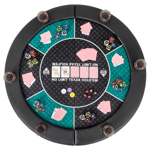 Image of COSTWAY 1.2M/48 Inches Poker Table Top, 6 Player Foldable Blackjack Tables Topper Layout with Carrying Bag, Cup Holders, Padded Rails, Round Texas Holdem Poker Mat for Casino Card Board Game
