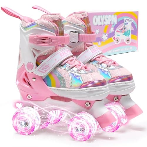 Image of OLYSPM Kids Roller Skates for Girls Boys Pro 4-Size Adjustable, Roller boots With 8 Light Up Wheels, Beginner safe Children's Quad Skates - Ideal Christmas Birthday Gift(Baby Pink,S)