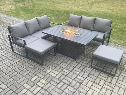Image of FMSGarden 8 Seat Outdoor Garden Furniture Aluminium Lounge Sofa Set Gas Fire Pit Dining Table with 2 Big Footstools Dark Grey