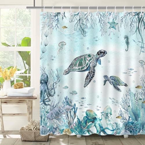 Image of Avezano Sea Turtle Shower Curtain Blue Ocean Turtles Octopus Coral Nautical Biological Bathroom Curtain Waterproof Bathtub Curtain Decor with 12 Hooks 72 X 72 Inches