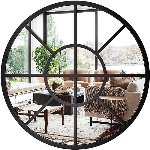 Image of Warmiehomy Window Mirror 50cm Round Black Garden Mirror with Metal Frame for Courtyard,Living Room,Hallway Decoration