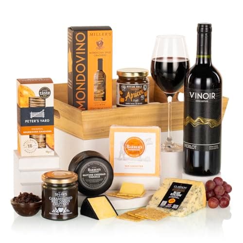 Image of Virginia Hayward Hamper, Cheese and Wine Tray - Hampers & Gourmet Gifts, Indulge in Stilton, Red Leicester, Mature Cheddar, Chutney, Crackers and Red Wine, Cheese Hamper Gifts for Women and Men