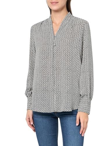 Image of Adrianna Papell Women's Printed Button V-Neck Blouse, Ivory/Black Sketch Geo, M
