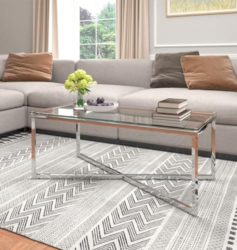 Image of Hallowood Furniture Finley Coffee Table with Glass Top, Modern Rectangular Centre Table with Stainless Steel Frame, Stylish Occasional/Coffee Tables for Living Room, Lounge or Office