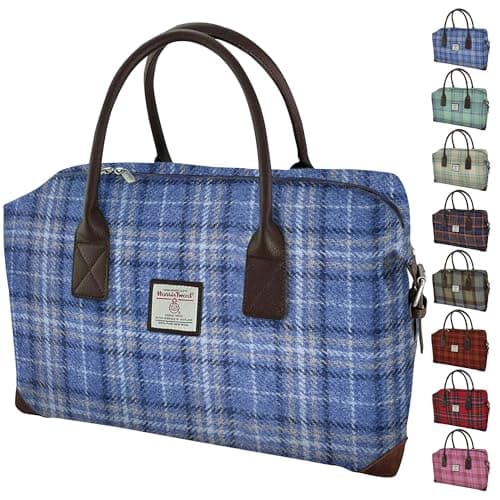 Image of BRAW CLANS TARTANS Genuine Harris Tweed Overnight Bag - Cabin & Underseat Duffle Bag - 45x25x20cm - Unisex Tartan Travel Companion - Hand Luggage - Light Blue Check