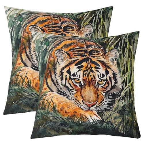 Image of Homemissing Tiger Reversible Throw Pillow Covers 40x40cm Wild Animal Pillow Covers Home Decor Wildlife Square Cushion Covers Set of 2 Safari Cat Print Throw Pillowcases for Sofa Couch Chair Auburn