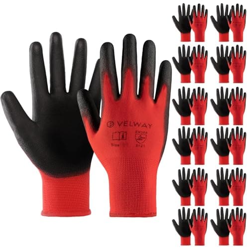 Image of Velway 12 Pairs Safety Work Gloves - Firm Grip Gardening Gloves Non-Slip PU Coated Lightweight Breathable Protective Mechanic Builders Working Gloves Men Women for General Duty Work Red (Size 7/S)