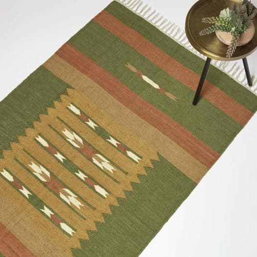 Image of HOMESCAPES Orange & Green Handwoven Kilim Rug 90 x 150 cm Jute & Cotton Living Room Area Rug ‘Lundi’ with Traditional Geometric Pattern & Tassels