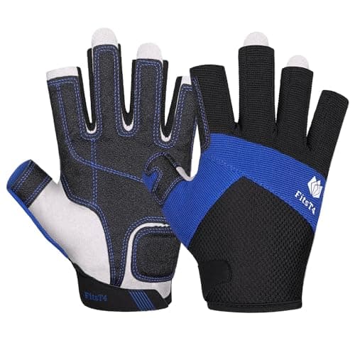 Image of FitsT4 Sports Kayaking Gloves 3/4 Finger Padded Palm - Mesh Back for Comfort - Suitable for Sailing, Paddling, Canoeing, Kayaking, SUP for Men Women & Kids Blue M