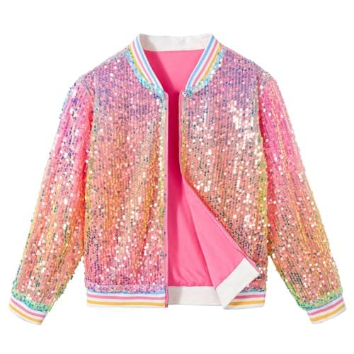 Image of LOLANTA Girls Sequin Bomber Jacket with Pockets Zipper Long Sleeve Sparkle Baseball Jackets, Candy, 5-6 Years, 120